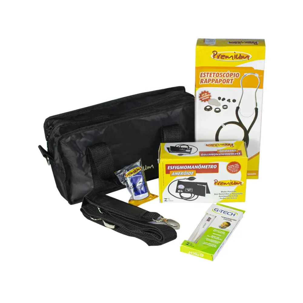 KIT ACADÊMICO PREMIUM PRETO (ESFIG - ESTETO - TERMÔMETRO - GARROTE - BOLSA) KITESTPP - PREMIUM