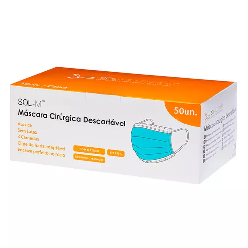 Máscara Descartável Azul Tripla Com Clipe Nasal SOL-M Adulto com 50 Unidades